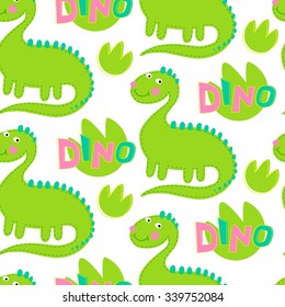 Green diplodocus vector seamless pattern. Dinosaur background.