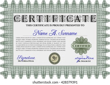 Diploma Verde. Con fondo. Borde, marco. Buen diseño. 