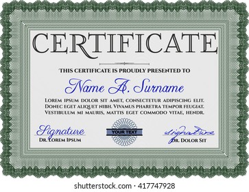 Green Diploma. Border, frame. Excellent design. With background. 