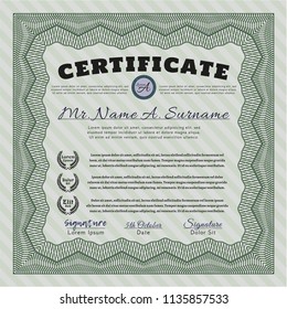 Green Diploma or certificate template. Artistry design. With complex linear background. Detailed. 