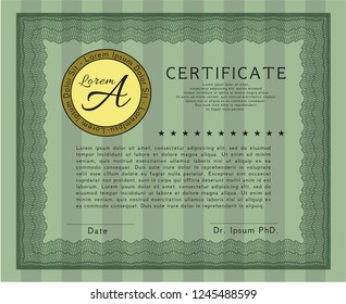 Green Diploma or certificate template. With background. Detailed. Money Pattern design. 