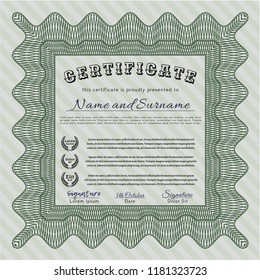 Green Diploma or certificate template. With complex background. Vector illustration. Money design. 