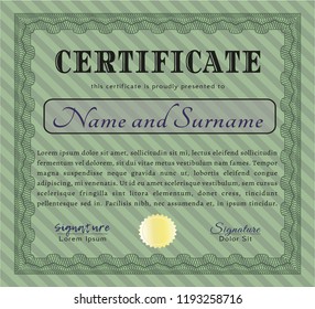 Green Diploma or certificate template. With complex linear background. Money design. Vector illustration. 