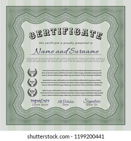 Green Diploma or certificate template. With complex linear background. Vector illustration. Lovely design. 