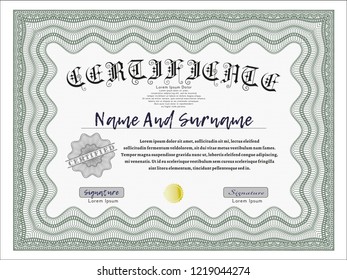 Green Diploma or certificate template. With complex background. Nice design. Detailed. 