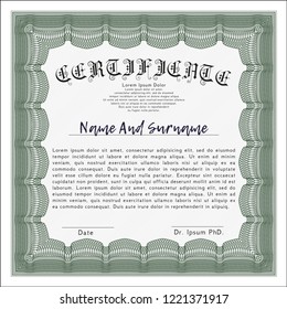 Green Diploma or certificate template. With complex linear background. Detailed. Nice design. 
