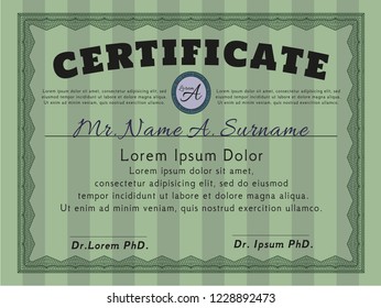 Green Diploma or certificate template. With complex background. Good design. Detailed. 