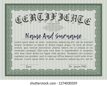Green Diploma or certificate template. With complex background. Elegant design. Detailed. 