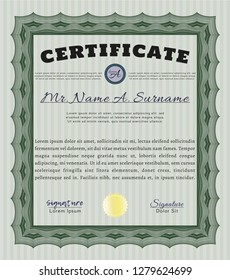 Green Diploma or certificate template. Complex background. Lovely design. Vector illustration. 