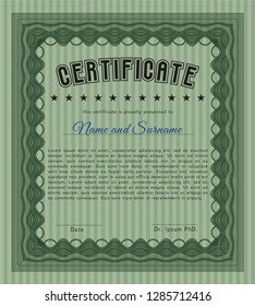 Green Diploma or certificate template. Complex background. Cordial design. Vector illustration. 