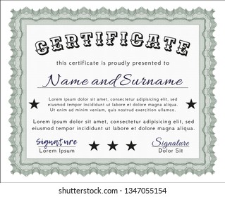 Green Diploma or certificate template. With complex background. Vector illustration. Money style design. 