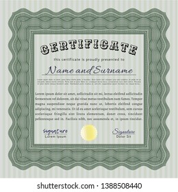 Green Diploma or certificate template. Complex background. Money Pattern design. Vector illustration. 