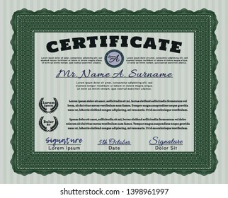 Green Diploma or certificate template. With complex background. Detailed. Money style design. 