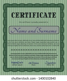 Green Diploma or certificate template. With complex linear background. Money style design. Vector illustration. 