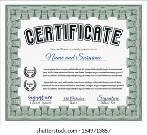 Green Diploma or certificate template. With complex background. Money design. Detailed. 