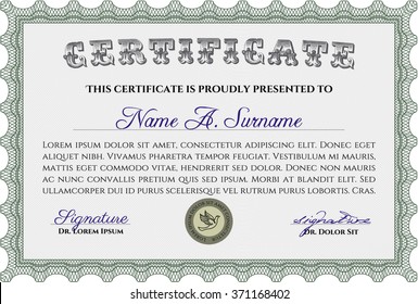 Green Diploma or certificate template. Complex background. Vector pattern that is used in currency and diplomas.Superior design. 