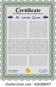 Green Diploma or certificate template. With complex background. Vector illustration. Lovely design. 