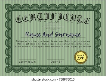 Green Diploma or certificate template. With complex background. Elegant design. Vector illustration. 