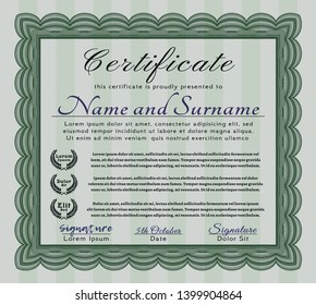 Green Diploma or certificate template. Cordial design. Detailed. Printer friendly. 