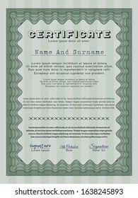 Green Diploma or certificate template. Cordial design. Vector illustration. With great quality guilloche pattern. 