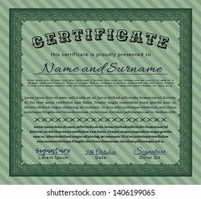 Green Diploma or certificate template. Customizable, Easy to edit and change colors. Complex background. Nice design. 