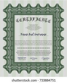 Green Diploma or certificate template. Customizable, Easy to edit and change colors. With complex linear background. Money Pattern design. 