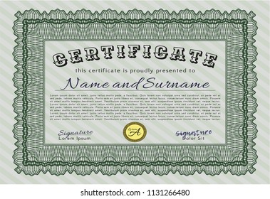 Green Diploma or certificate template. Detailed. With guilloche pattern. Retro design. 