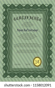 Green Diploma or certificate template. Detailed. With background. Modern design. 