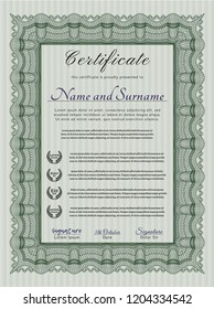 Green Diploma or certificate template. Detailed. With guilloche pattern. Retro design. 