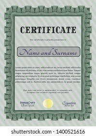 Green Diploma or certificate template. Detailed. With complex linear background. Excellent design. 