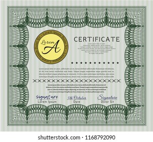 Green Diploma or certificate template. Easy to print. Detailed. Artistry design. 