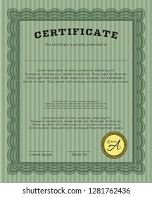 Green Diploma or certificate template. Easy to print. Retro design. Detailed. 