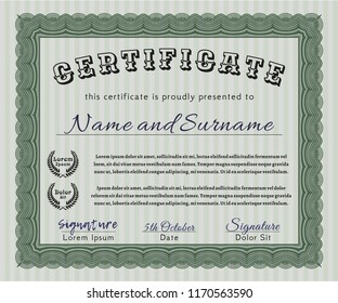 Green Diploma or certificate template. Good design. With guilloche pattern and background. Vector illustration. 