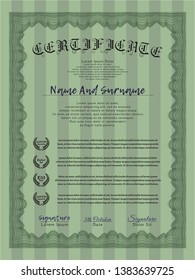 Green Diploma or certificate template. With great quality guilloche pattern. Perfect design. Detailed. 