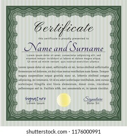 Green Diploma or certificate template. With guilloche pattern. Vector illustration. Good design. 