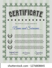 Green Diploma or certificate template. With guilloche pattern and background. Beauty design. Detailed. 