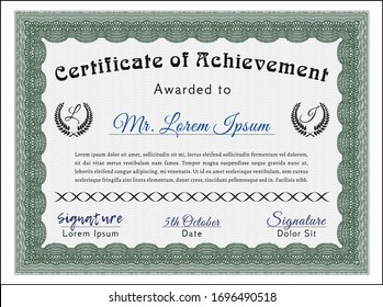 Green Diploma or certificate template. With guilloche pattern and background. Detailed. Money design. 