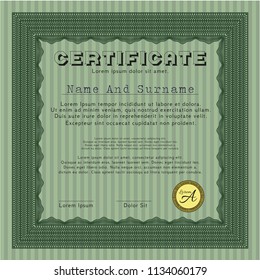 Green Diploma or certificate template. With linear background. Vector illustration. Lovely design. 