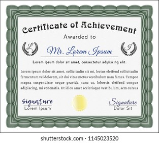 Green Diploma or certificate template. With linear background. Vector illustration. Superior design. 