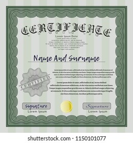 Green Diploma or certificate template. With linear background. Detailed. Superior design. 