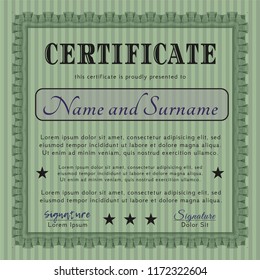Green Diploma or certificate template. With linear background. Detailed. Excellent design. 
