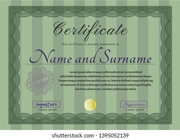 Green Diploma or certificate template. With linear background. Nice design. Detailed. 