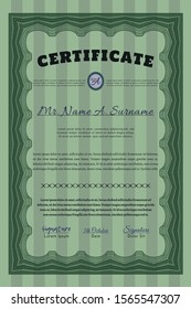 Green Diploma or certificate template. With linear background. Elegant design. Vector illustration. 