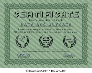 Green Diploma or certificate template. With linear background. Money Pattern. Vector illustration. 