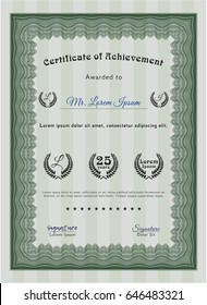 Green Diploma or certificate template. With linear background. Detailed. Sophisticated design. 