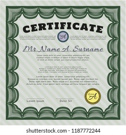 Green Diploma or certificate template. Lovely design. Detailed. With complex linear background. 