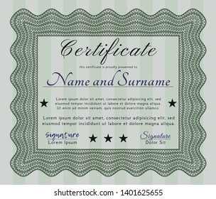 Green Diploma or certificate template. Lovely design. With guilloche pattern and background. Vector illustration. 
