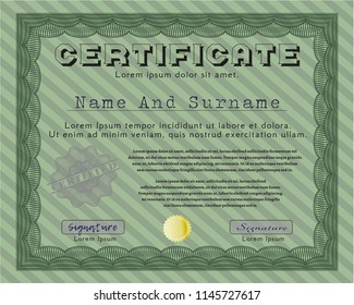Green Diploma or certificate template. Money design. Vector illustration. With guilloche pattern and background. 