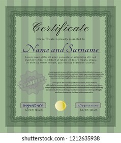 Green Diploma or certificate template. Money style design. With linear background. Vector illustration. 