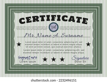 Green Diploma or certificate template.  Money style design.  With great quality guilloche pattern.  Vector illustration. 